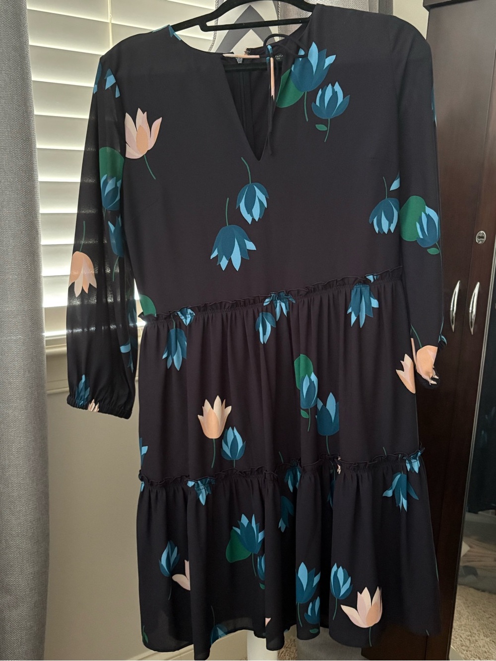 Ann Taylor Black Floral Tiered Long-Sleeve Dress